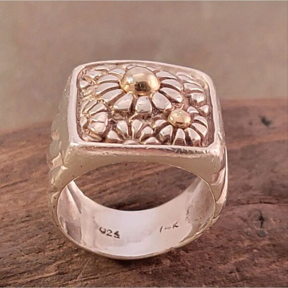 Sterling & 14k Flower Motif Signet Style  Ring - Picture 5 of 10